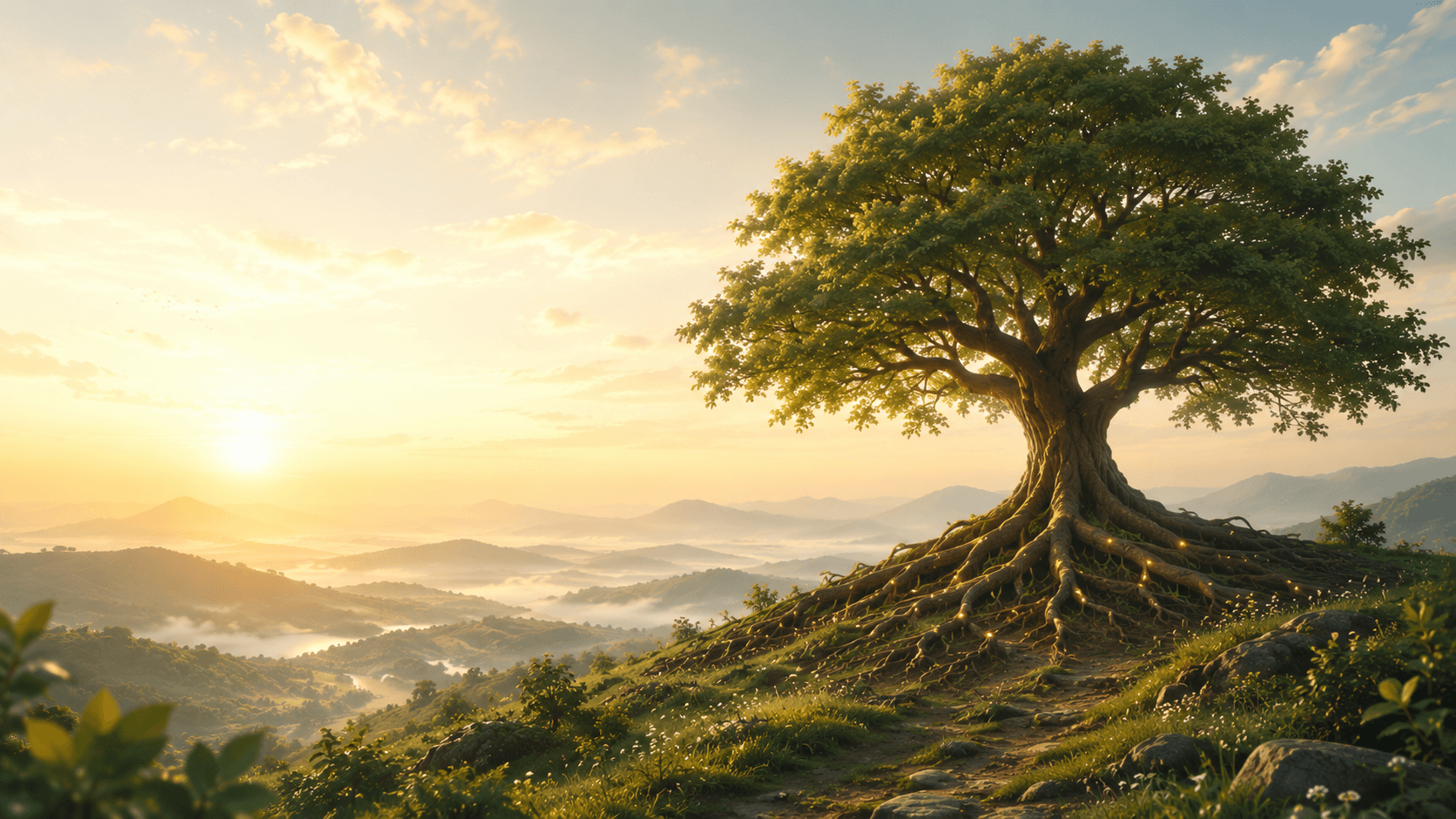Un arbre robuste au sommet d'une colline, avec des racines lumineuses qui plongent dans le sol